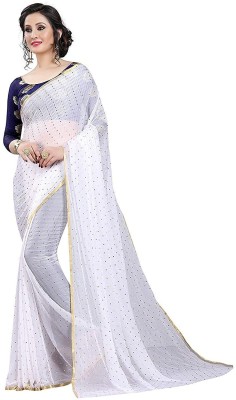 Desi Style Embellished Bollywood Net, Chiffon Saree(White)