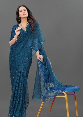 NORAFLEX Self Design Daily Wear Net Saree(Dark Green)
