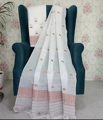 Sretan Woven Mekhela Chador Cotton Blend Saree(White)