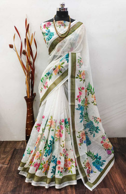 VAKHARIYAFAB Woven, Digital Print Bollywood Cotton Linen, Linen Saree(White)