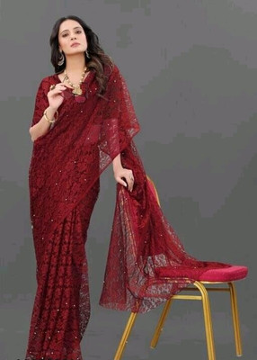 SwiftStyle Self Design, Embellished Daily Wear Net Saree(Maroon)