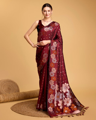 OFLINE SELECTION Floral Print Banarasi Jacquard Saree(Maroon)