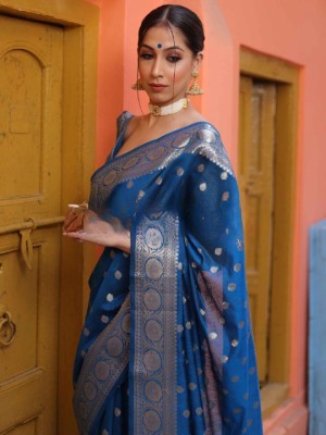 V V FASHION Woven Banarasi Cotton Silk Saree(Light Blue)