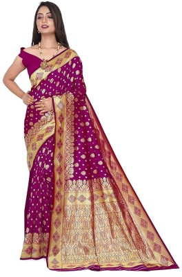 GINNYPRINTS Self Design, Floral Print, Embellished, Woven, Applique Kanjivaram Jacquard, Pure Silk Saree(Purple)