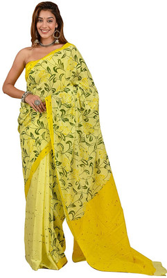 DASTKARPRINT Floral Print Daily Wear Pure Cotton Saree(Yellow)