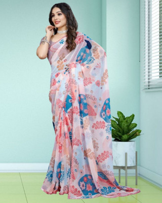 JAYAMENTERPRISE Digital Print, Floral Print, Printed Leheria Georgette Saree(Cream)