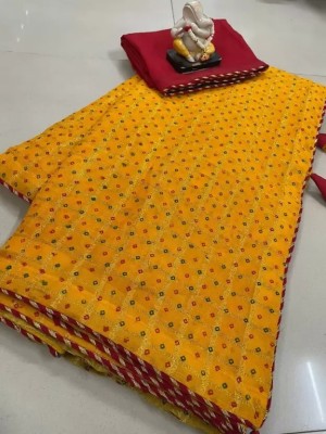 Vragi Self Design, Embellished Bandhani Pure Silk Saree(Yellow)