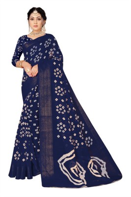 AJS Printed Bandhani Cotton Linen Saree(Blue)