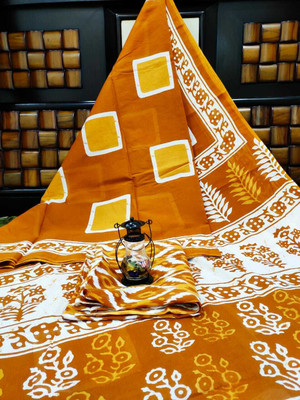 JAIPURI BLOCK PRINT Printed Daily Wear Pure Cotton Saree(Brown)