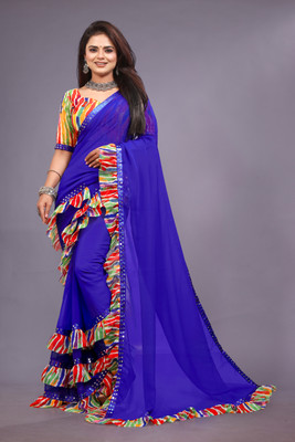 CHIGS Self Design Bollywood Lace Saree(Blue)