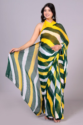 HouseOfCommon Color Block Leheria Chiffon Saree(Dark Green)