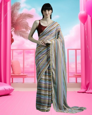 Jayu Digital Print, Embroidered, Printed, Striped Bollywood Georgette Saree(Brown)