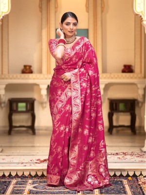 Sindharat Fashion Woven Kanjivaram Jacquard, Pure Silk Saree(Pink)