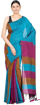 LushLooms Striped Handloom Cotton Blend Saree(Multicolor)