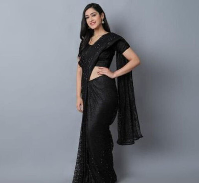 SwiftStyle Floral Print Daily Wear Net Saree(Black)