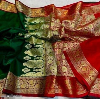NaziyaSarees Woven Banarasi Silk Blend Saree(Dark Green, Red)