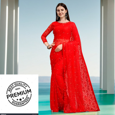 Vraggi Embellished Bollywood Net Saree(Red)