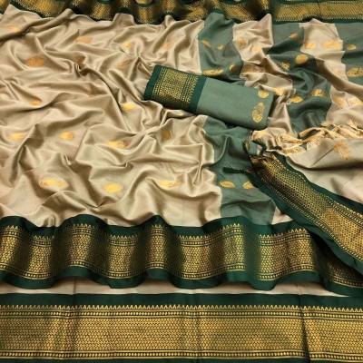 YAANAA FASHION Woven Kanjivaram Cotton Silk Saree(Beige)