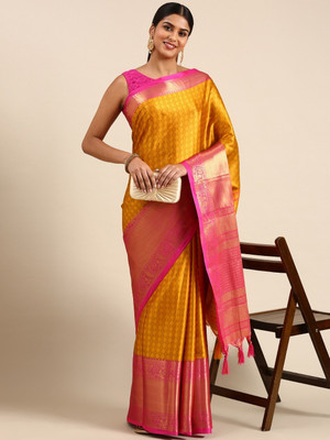 yourwish Woven, Checkered, Embellished, Self Design Narayanpet Jacquard, Cotton Silk Saree(Yellow)