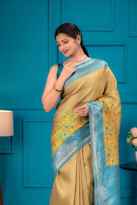 WOVEN STOCK Woven Banarasi Pure Silk, Art Silk Saree(Yellow, Light Blue)