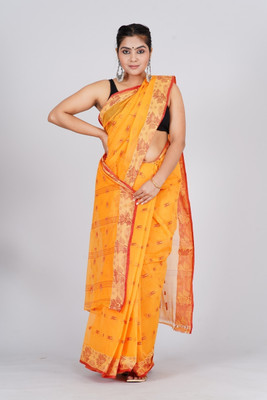 maa textile Self Design Tant Pure Cotton Saree(Yellow)