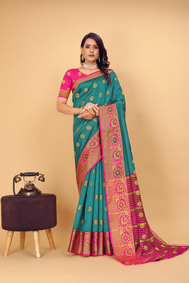 Mionas Woven Banarasi Jacquard, Silk Blend Saree(Light Blue)