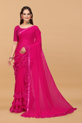 chfashions Solid/Plain Bollywood Georgette Saree(Pink)