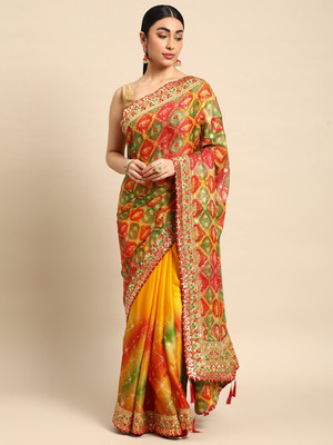 Tasrika Printed Bandhani Chiffon Saree(Yellow)