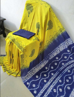 Suraj International Blocked Printed, Checkered, Digital Print, Dyed, Floral Print, Printed, Self Design Daily Wear Pure Cotton Saree(Yellow)