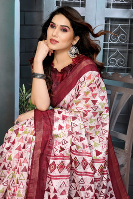 sareya veela Floral Print Handloom Cotton Blend Saree(Maroon)