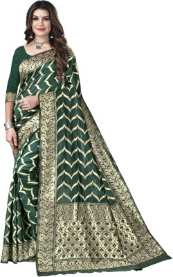 Sidhidata Self Design, Embellished Banarasi Silk Blend Saree(Dark Green)