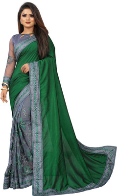 b bella creation Embroidered Bollywood Net, Art Silk Saree(Green, Grey)