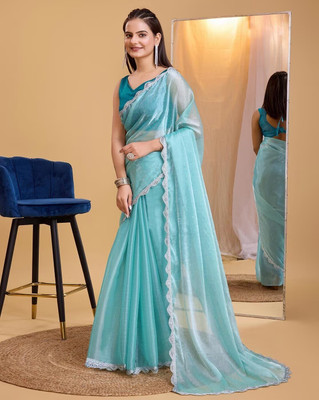 KV Fashion Solid/Plain Bollywood Net Saree(Light Blue)