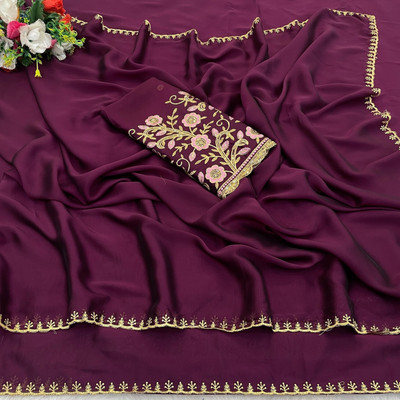 JIVI CLOTHING Self Design, Solid/Plain, Embroidered Bollywood Chiffon Saree(Purple)