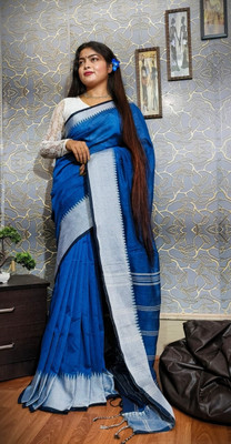 HouseOfCommon Temple Border, Solid/Plain Handloom Cotton Silk Saree(Blue)
