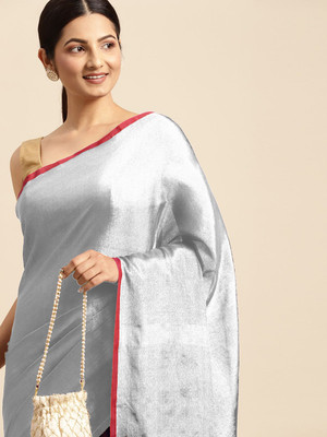 NST5 Solid/Plain Bollywood Tissue Saree(Silver)