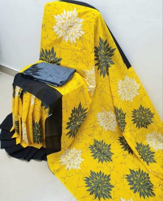 Printed Cotton Mulmul Saree Blocked Printed, Checkered, Digital Print, Dyed, Floral Print, Self Design, Printed Daily Wear Pure Cotton Saree(Yellow)