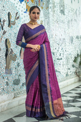 MAHADEV DESIGN Woven, Self Design, Geometric Print Kanjivaram Pure Silk Saree(Purple)
