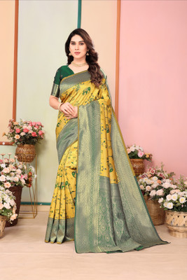 HouseOfCommon Woven, Animal Print Kanjivaram Pure Silk, Silk Blend Saree(Gold, Dark Green)