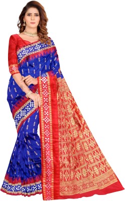 ZainR Printed Sambalpuri Cotton Silk Saree(Dark Blue, Red)