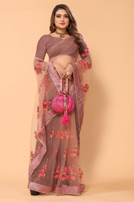 Rityanusaar Embroidered Bollywood Net Saree(Brown)