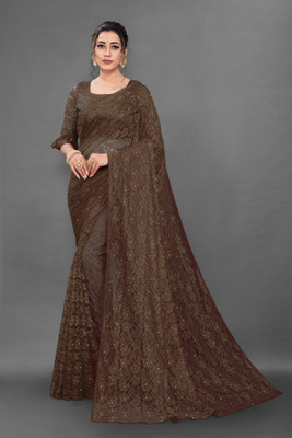 BRAHMANI TEXTILE Self Design Bollywood Net Saree(Brown)