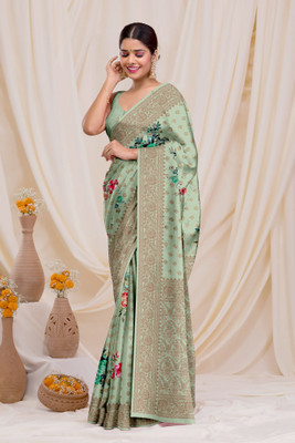 Dharmata Enterprise Digital Print, Printed Banarasi Crepe Saree(Light Green)