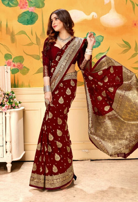 AVDOM Woven Banarasi Silk Blend Saree(Maroon)