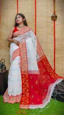 LDma Woven Tant Handloom Cotton Silk Saree(White, Red)