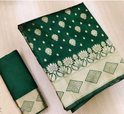 GINNYPRINTS Self Design, Floral Print, Embellished, Woven, Applique Kanjivaram Jacquard, Pure Silk Saree(Dark Green)
