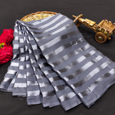 Anand Sarees Striped, Self Design Bollywood Satin Saree(Grey)