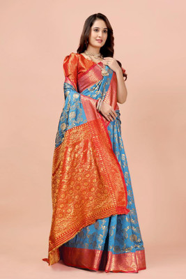 jayant creation Printed Banarasi Silk Blend, Jacquard Saree(Light Blue)