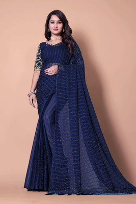 JIAANAMILLS Solid/Plain Assam Silk Georgette Saree(Dark Blue)