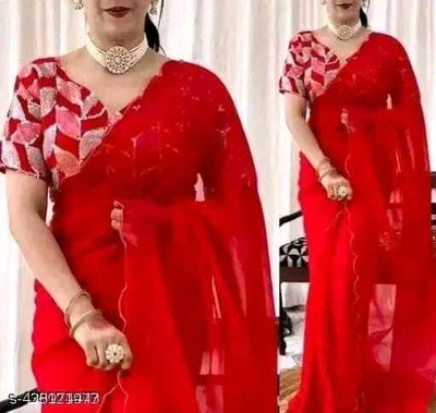 KALPNA CREATION Solid/Plain Bollywood Georgette Saree(Red)